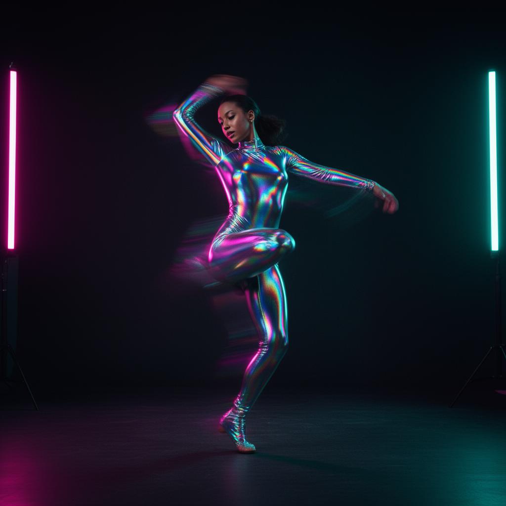 Iridescent chrome AI dancer mid-spin, generated frame